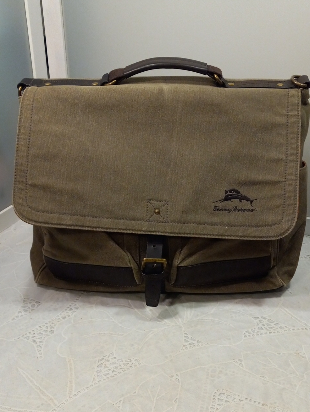 Tommy Bahama Olive Green Canvas Messenger Bag with Dark Brown Leather Trim